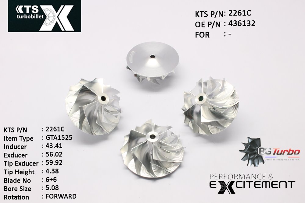 Turbo ROUE FORGÉE MFS PERFORMANCE - 6+6 PALES - INDUCER : 43,41 - EXDUCER : 56,02 - TYPE : GTA15-25ANGLE : 45° - ROTATION : Forward - SUPER BACK : 2,39 - BORE SIZE : 5,08
